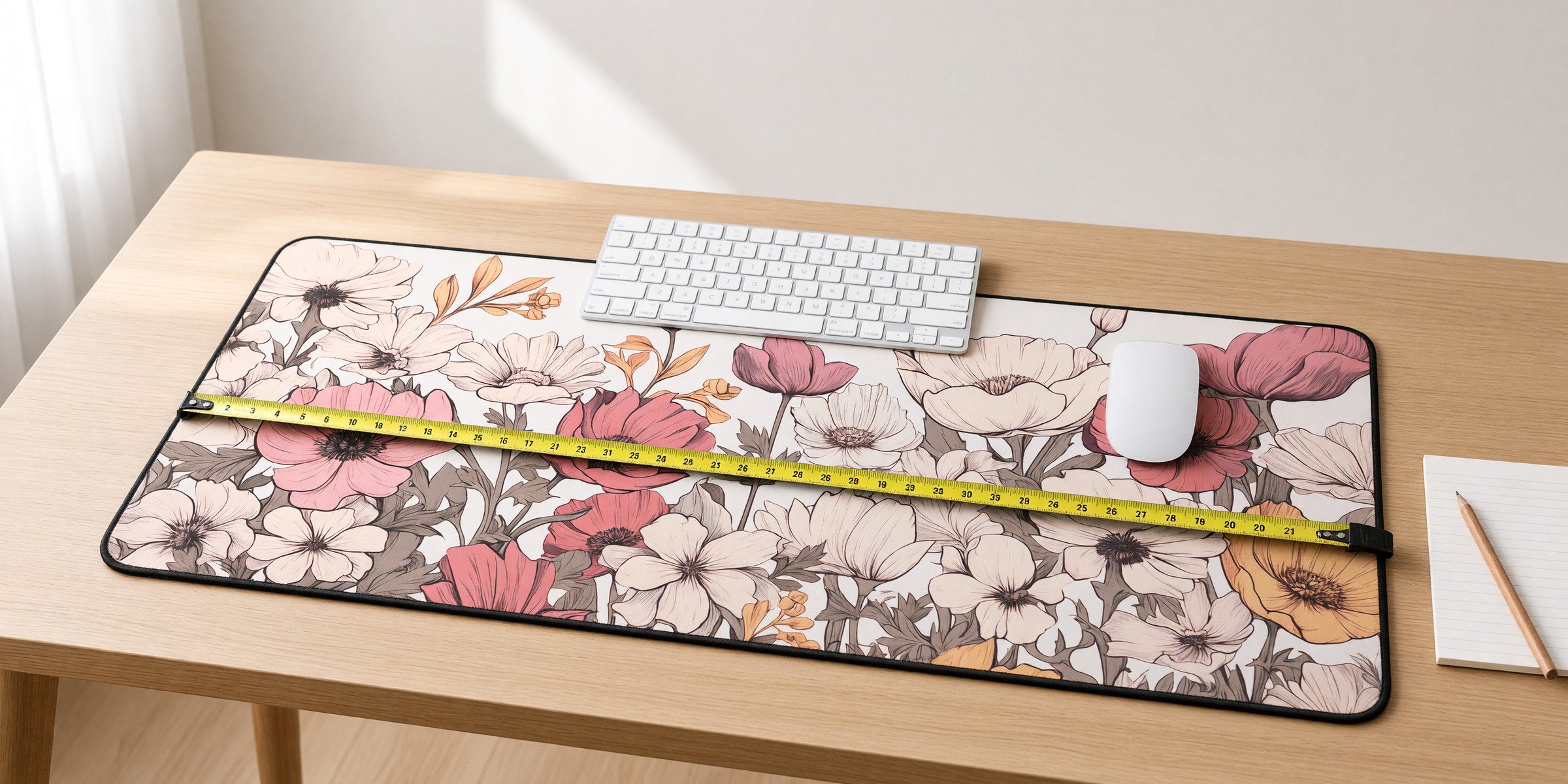 Tape measure stretched across a floral desk mat with a keyboard and mouse