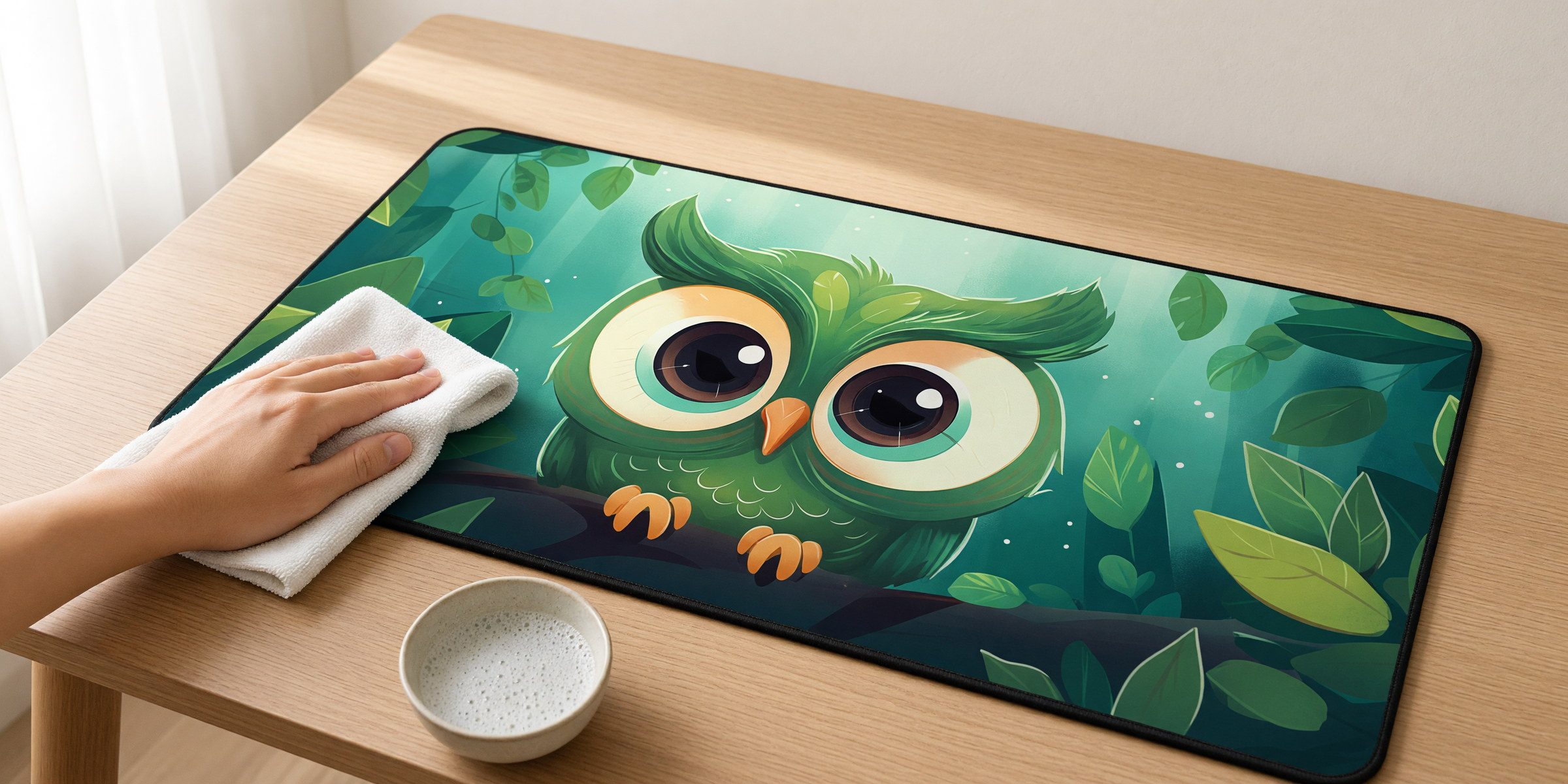 A hand wiping an owl desk mat with a soft cloth