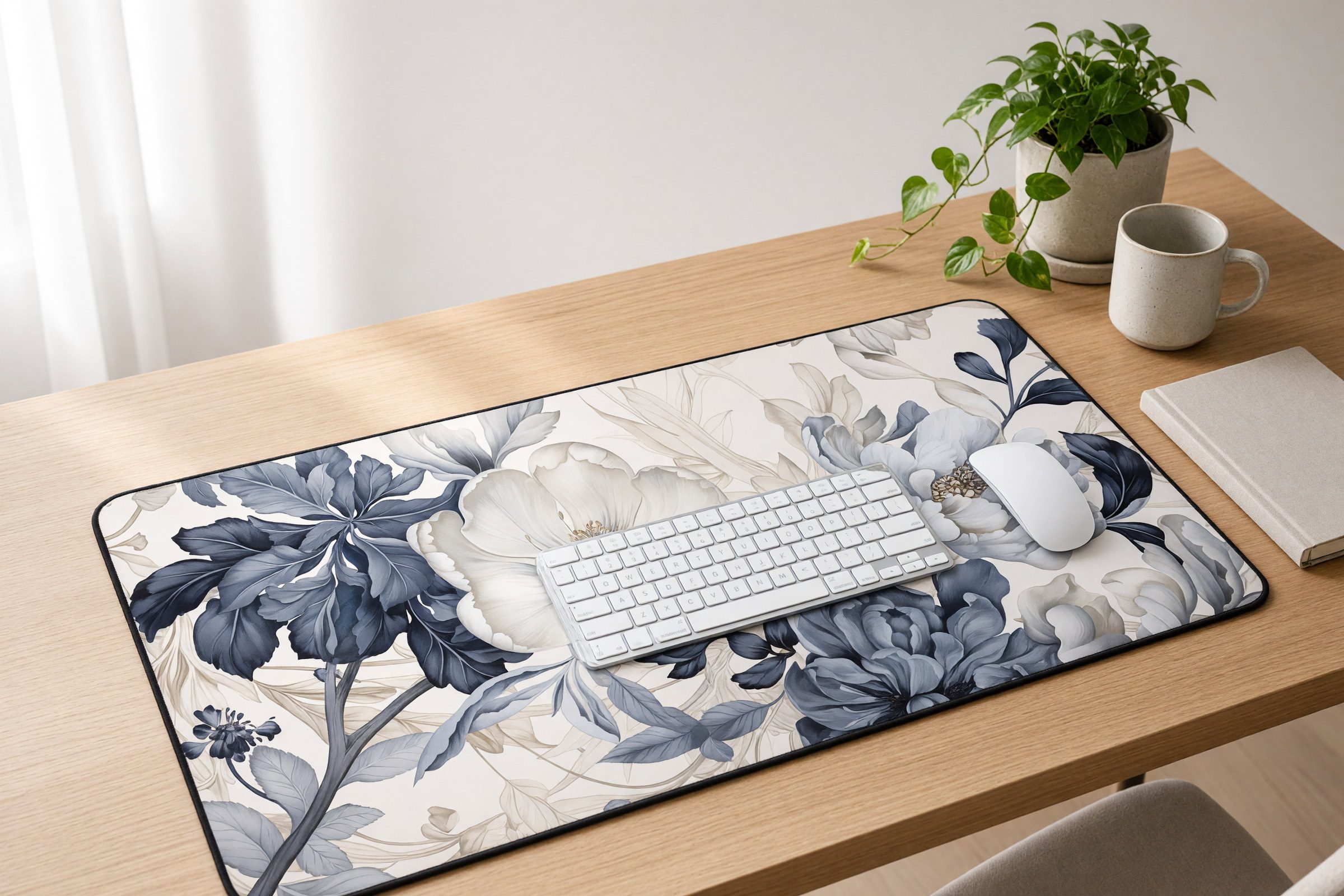 Beige and blue art nouveau floral desk mat on a light oak desk with a white keyboard and mouse