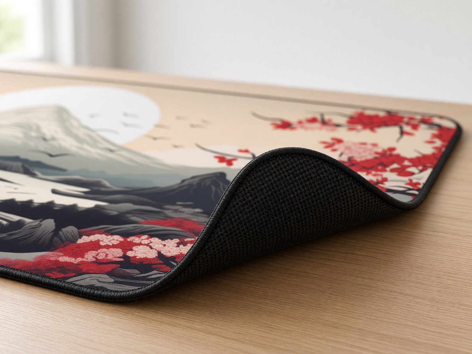 Close-up of a desk mat corner showing the stitched edge, printed fabric surface and rubber base